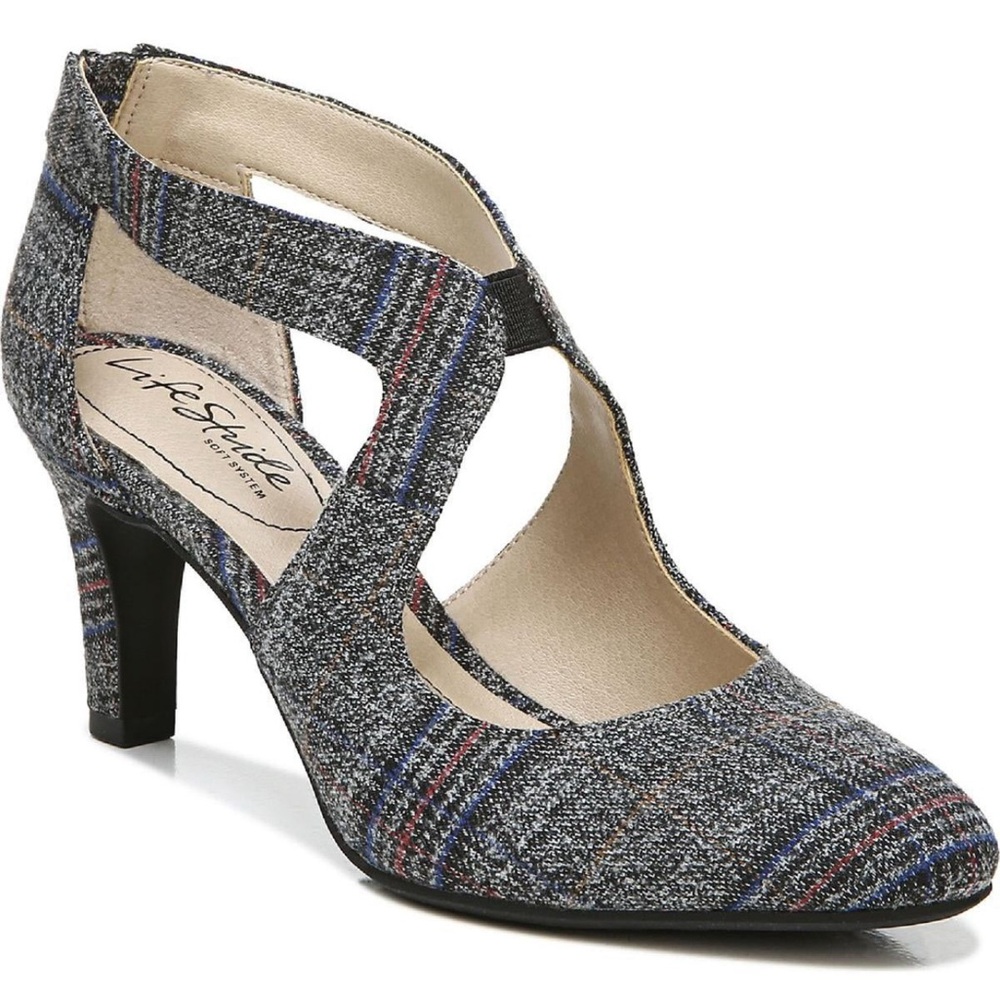 Life Stride Grey Plaid T-Strap Mid Heel Pump